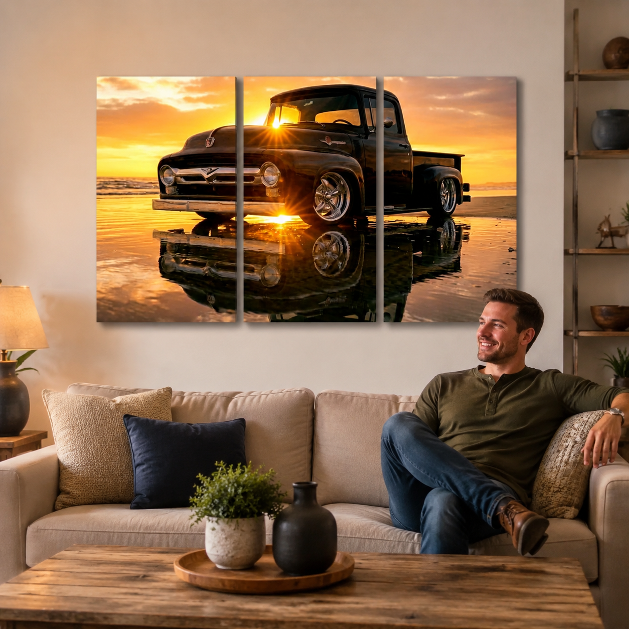 1956 Ford F100 Canvas Wall Art – Sunset Beach Trio | 1 & 3 Panel Classic Truck Print