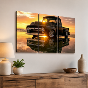 1956 Ford F100 Canvas Wall Art – Sunset Beach Trio | 1 & 3 Panel Classic Truck Print