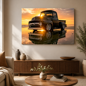 1956 Ford F100 Canvas Wall Art – Sunset Beach Trio | 1 & 3 Panel Classic Truck Print