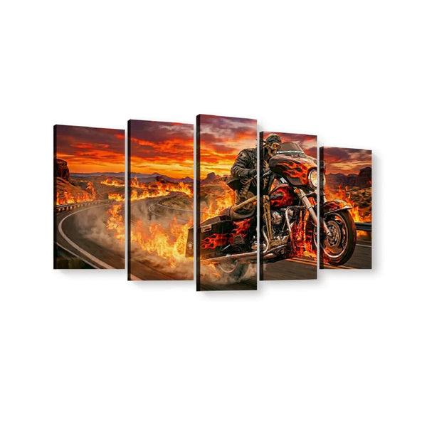 Dead Man's Ride Canvas Wall Art – Skeleton Bagger Wheelie | 5-Panel Level Motorcycle Man Cave Print