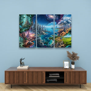 A three-panel canvas wall art set depicting a colorful fantasy landscape with glowing cities, water, mountains, and cosmic elements, displayed above a wooden console table in a styled room setting.