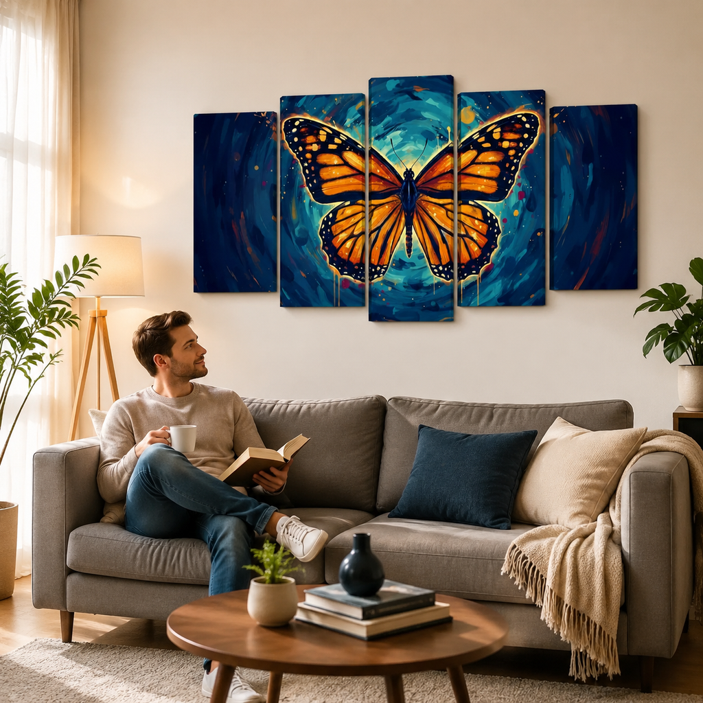 A man sits on a gray sofa in a living room, reading a book and holding a mug, with a large five-panel canvas wall art piece featuring a vibrant orange and black butterfly on a swirling blue background above him.
