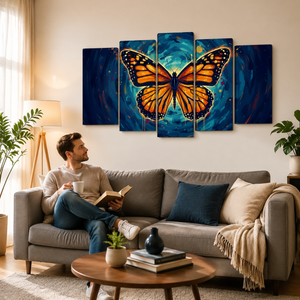 A man sits on a gray sofa in a living room, reading a book and holding a mug, with a large five-panel canvas wall art piece featuring a vibrant orange and black butterfly on a swirling blue background above him.