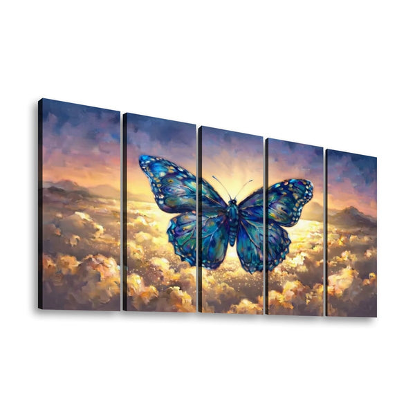 A five-panel canvas wall art set depicting a large blue butterfly flying over glowing clouds at sunset, shown against a plain white background.