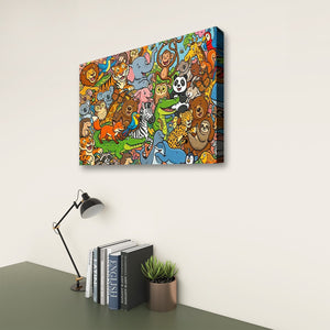 A colorful canvas wall art print featuring a dense, playful cartoon illustration of various animals, shown hanging on a light beige wall above a desk with books, a lamp, and a small plant.