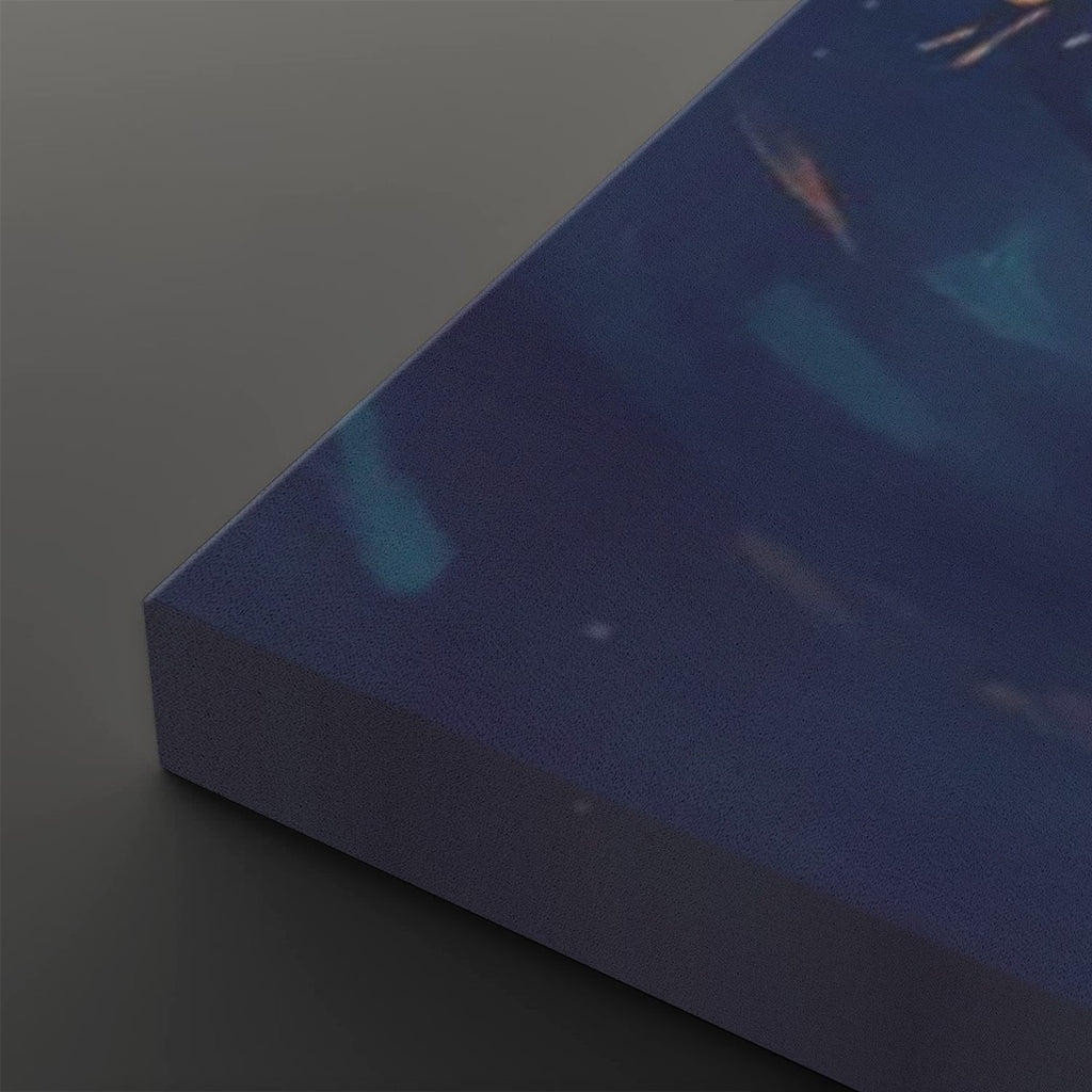A close-up of a rectangular product corner, likely a box or package, with a dark blue and purple printed surface and subtle abstract light streaks, shown on a dark gray background.
