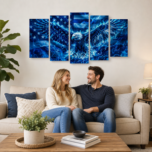 Blue Eagle – Abstract US Waving Flag 5-Panel Canvas Wall Art