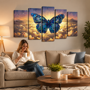 A woman sits on a beige sofa in a living room, reading a book and holding a mug. Above the couch is a five-panel canvas wall art set depicting a large blue butterfly over a glowing sunset sky with clouds.