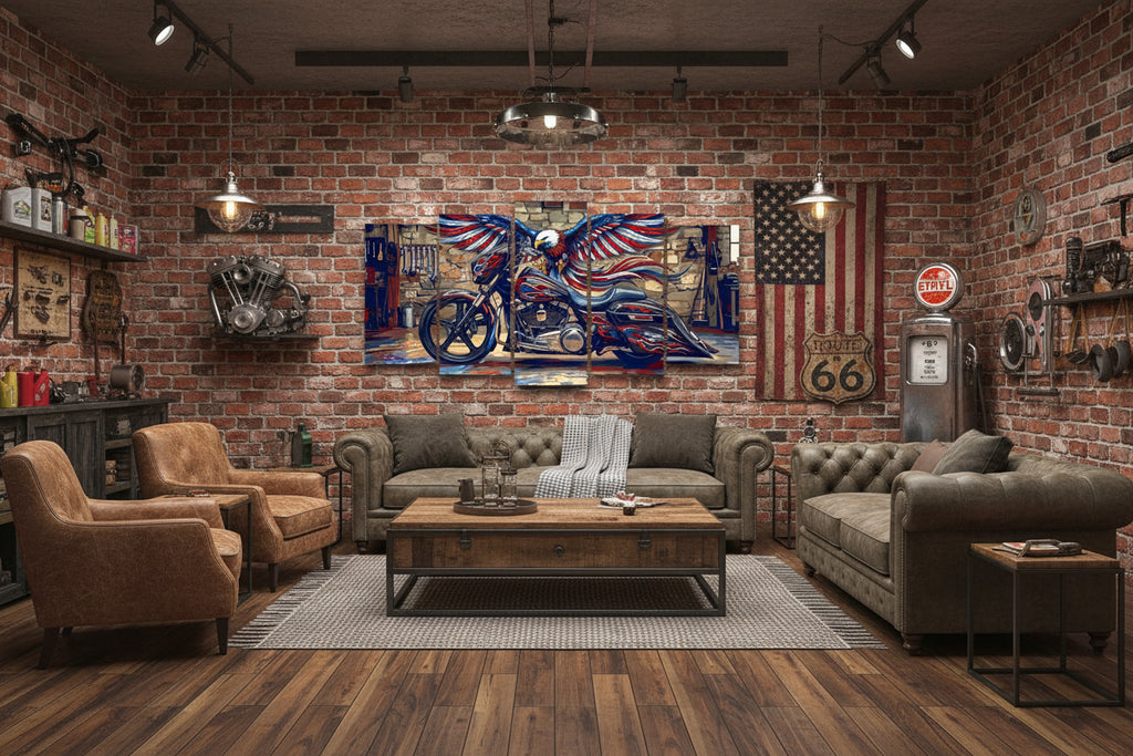 A 4-panel canvas wall art set depicting a stylized motorcycle with wings in an American flag color scheme, displayed on a white wall above a green tufted sofa.