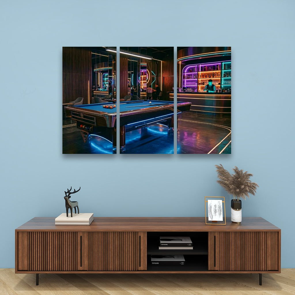 Billiards Pool Lounge Neon Lights Bar — 1, 3, 5-Panel Level Canvas Wall Art