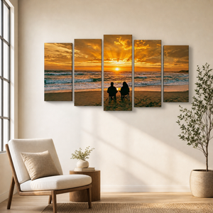 Sunset Surf Couple on the Beach Canvas Wall Art – Romantic Coastal Scene | 5-Panel Level Print