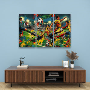 A three-panel canvas wall art set depicting a vibrant, colorful soccer match scene, displayed on a light blue wall above a modern wooden console table.