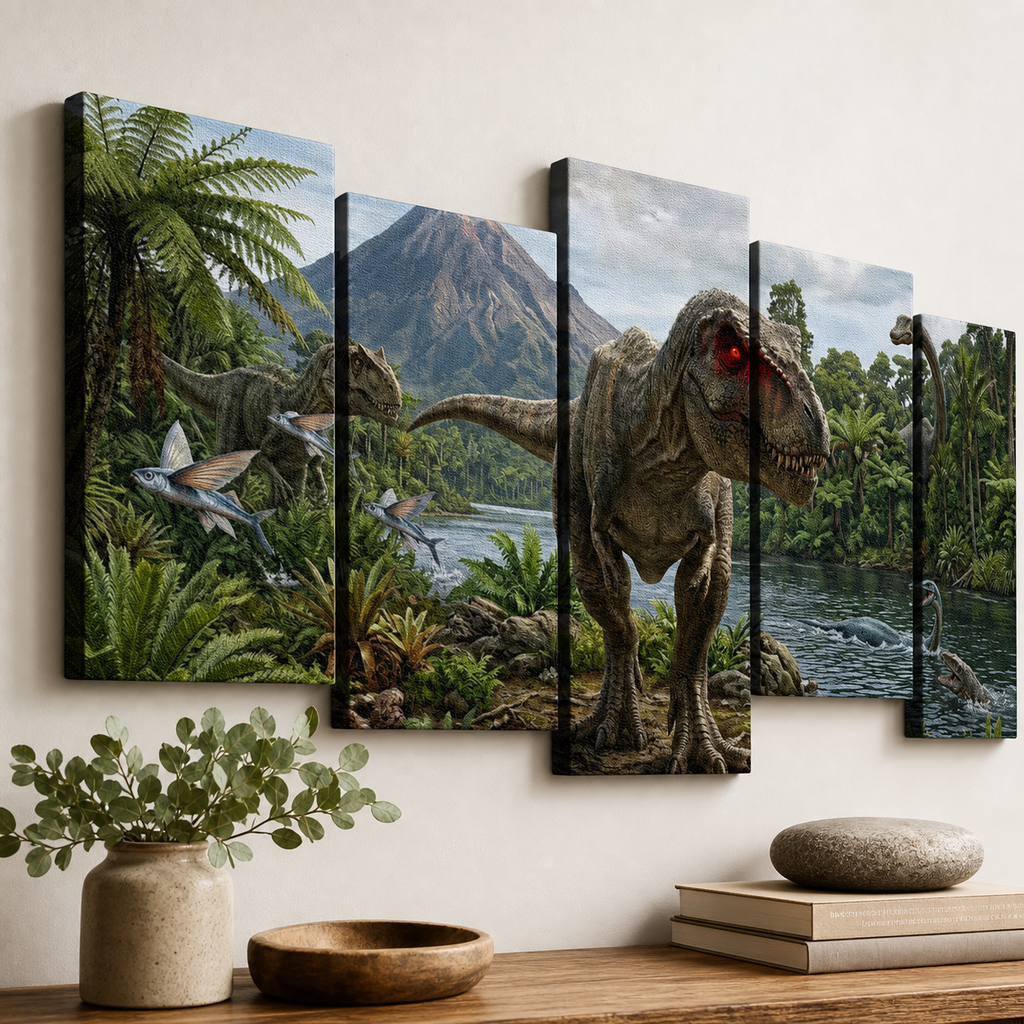 T-Rex & Carnivores Canvas Wall Art – Prehistoric Fury Dinosaur Print | 1, 3 & 5 Panel Kids & Game Room