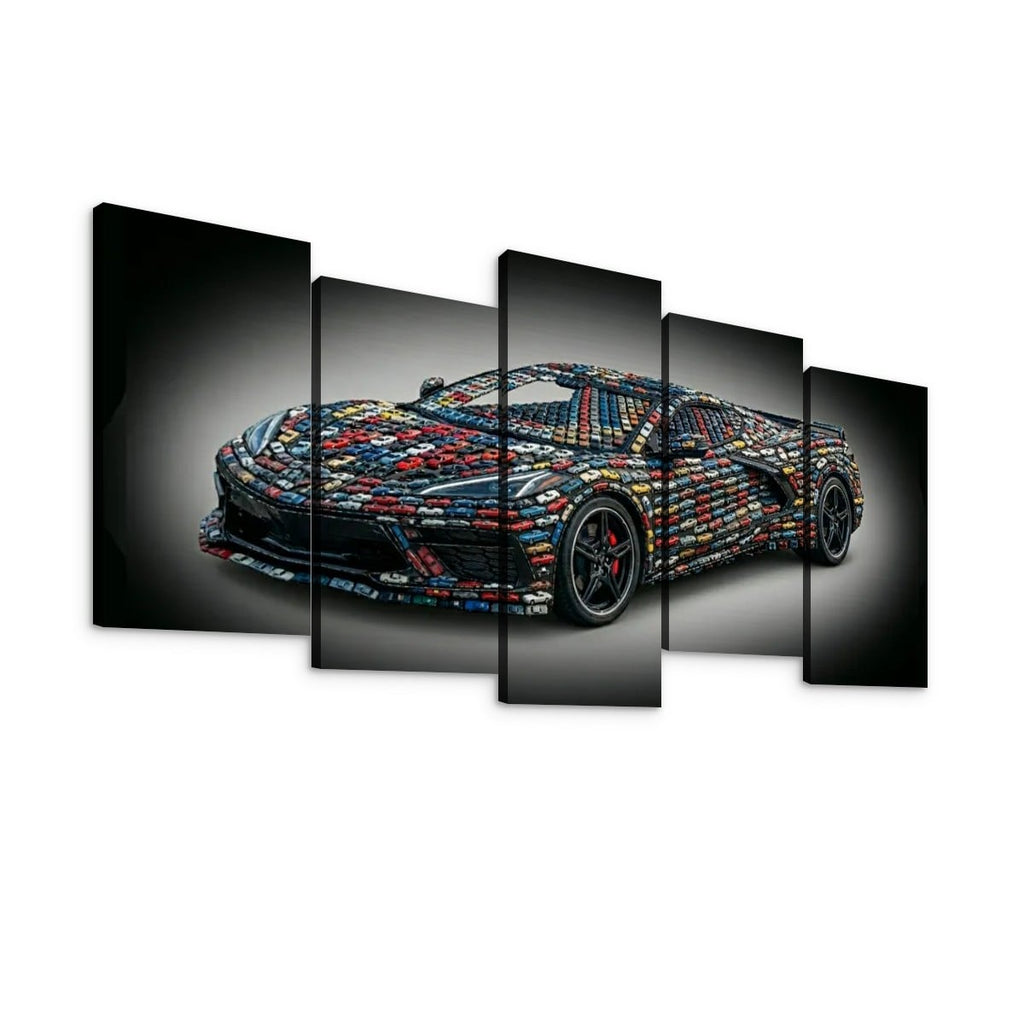 A five-panel canvas wall art set depicting a sports car covered in colorful LEGO bricks, shown against a black background with a white wall behind it.
