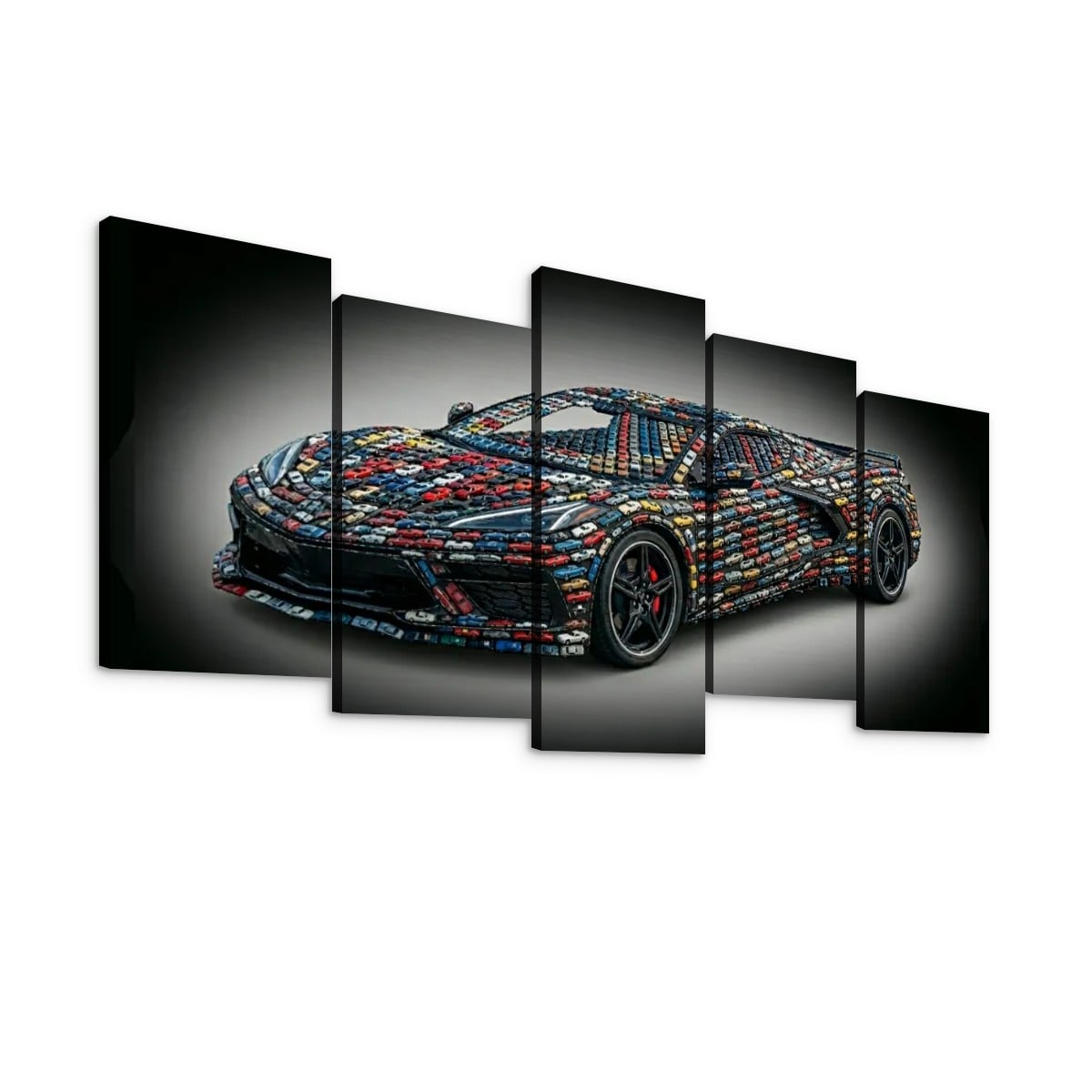 A five-panel canvas wall art set depicting a sports car covered in colorful LEGO bricks, shown against a black background with a white wall behind it.
