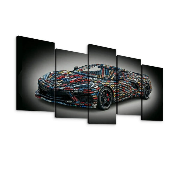 A five-panel canvas wall art set depicting a sports car covered in colorful LEGO bricks, shown against a black background with a white wall behind it.
