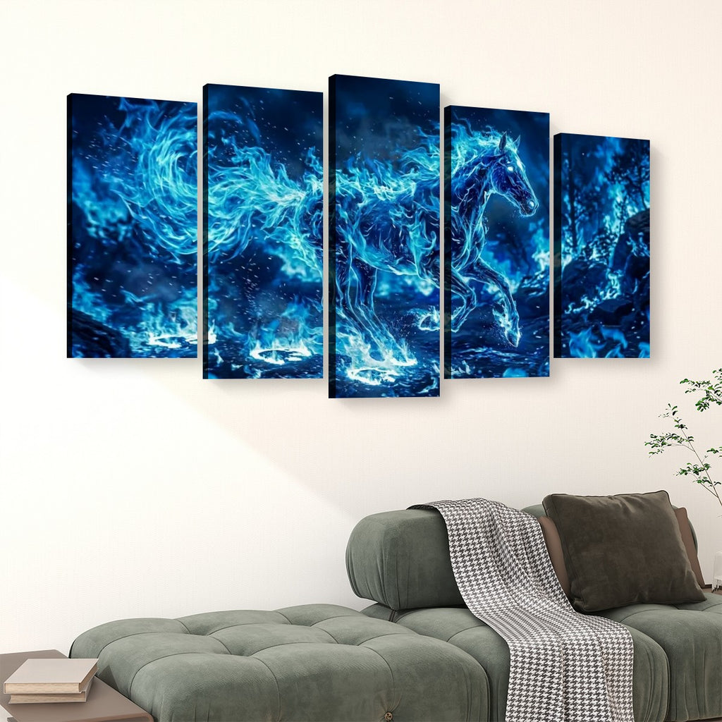 A five-panel canvas wall art set depicting a glowing blue horse against a cosmic, starry background, displayed on a beige wall above a green sofa in a living room setting.