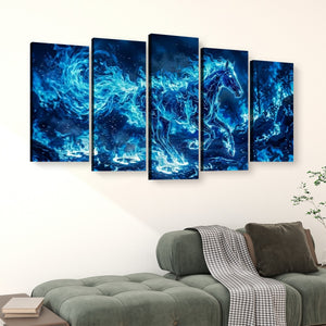 A five-panel canvas wall art set depicting a glowing blue horse against a cosmic, starry background, displayed on a beige wall above a green sofa in a living room setting.