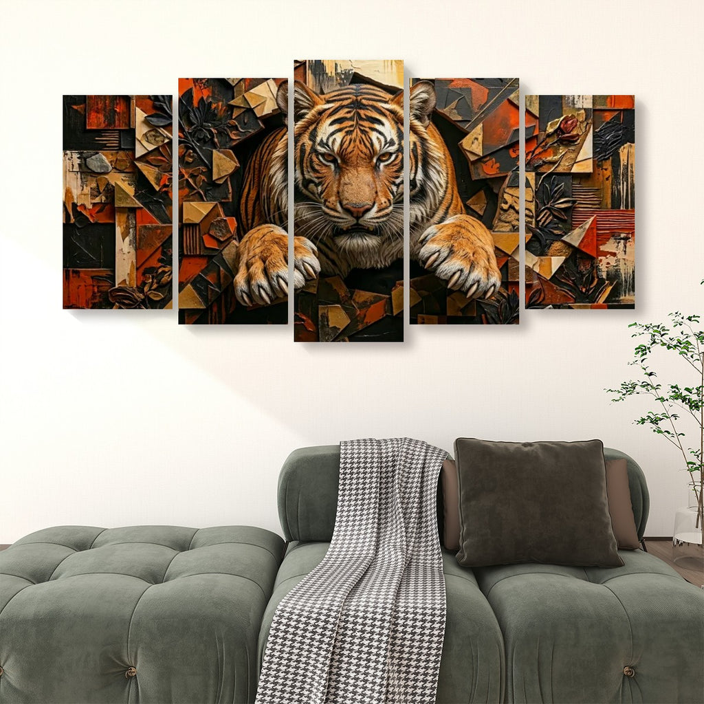 A 5-panel canvas wall art set depicting a detailed cubist-style tiger, displayed on a white wall above a green tufted sofa with a throw blanket.