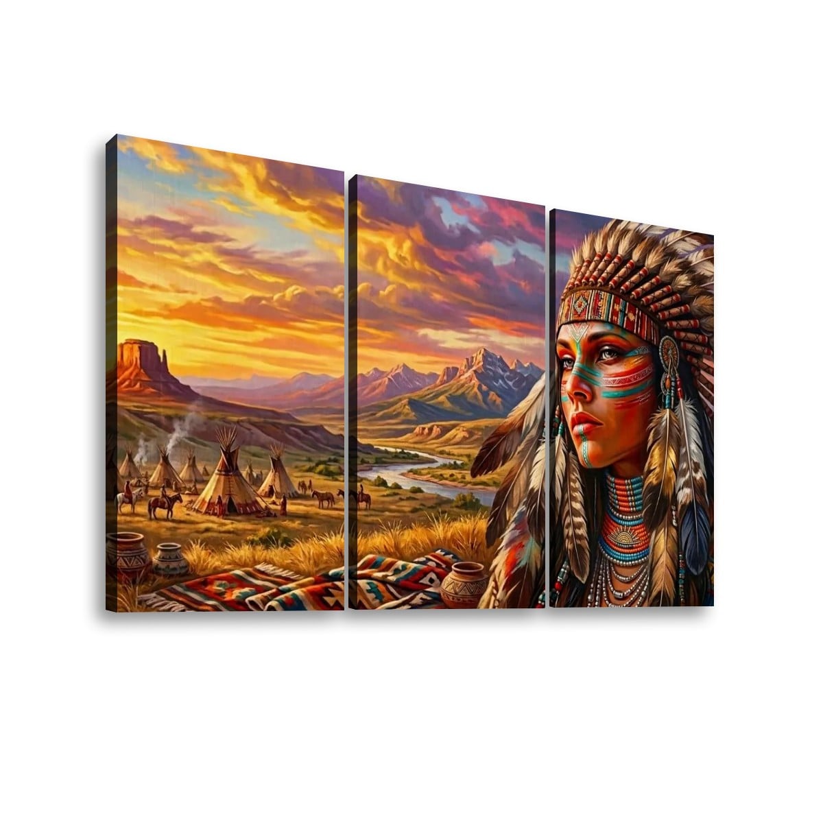 A three-panel canvas wall art set depicting a dramatic western landscape with tipis, mountains, and a large portrait of a Native American woman on the right, shown against a plain white background.