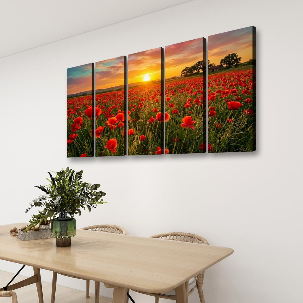 Golden Hour Poppy Field Canvas Wall Art – Fields of Fire | 5-Panel Level Nature Landscape Print