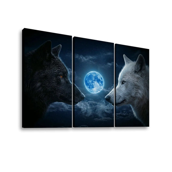 Blue Moon Wolves Canvas Wall Art – Wolf Pack Howling at the Moon | 1, 3 & 5 Panel Wildlife Print
