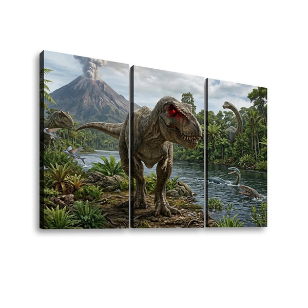 T-Rex & Carnivores Canvas Wall Art – Prehistoric Fury Dinosaur Print | 1, 3 & 5 Panel Kids & Game Room