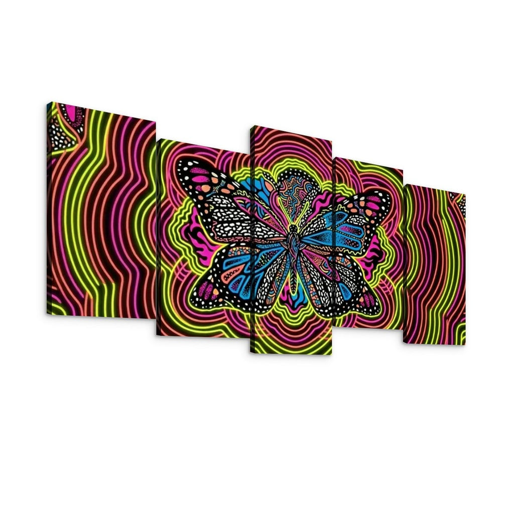 Neon Wings Psychedelic Butterfly Canvas Wall Art – Vibrant Abstract Print | 1, 3 & 5 Panel