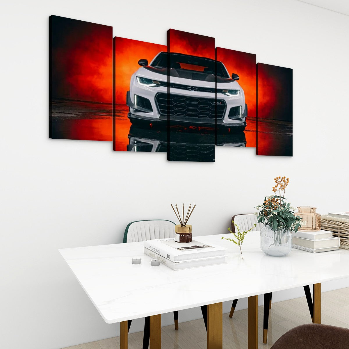 White Camaro Muscle Car Black Hood Red Glow Canvas Wall Art