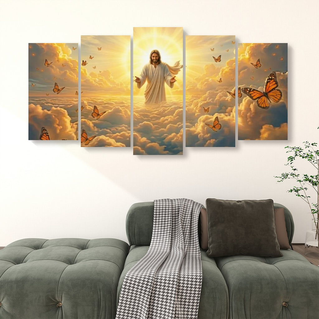 God Releasing Butterflies Canvas Wall Art – Divine Grace at Sunrise | 1, 3 & 5 Panel Faith Print