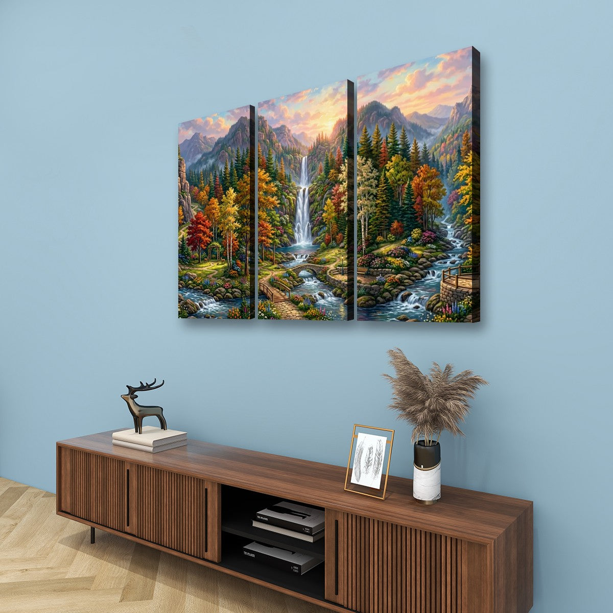 Waterfall Landscape Mountain Multi-Color Scene 5-Panel Canvas Wall Art