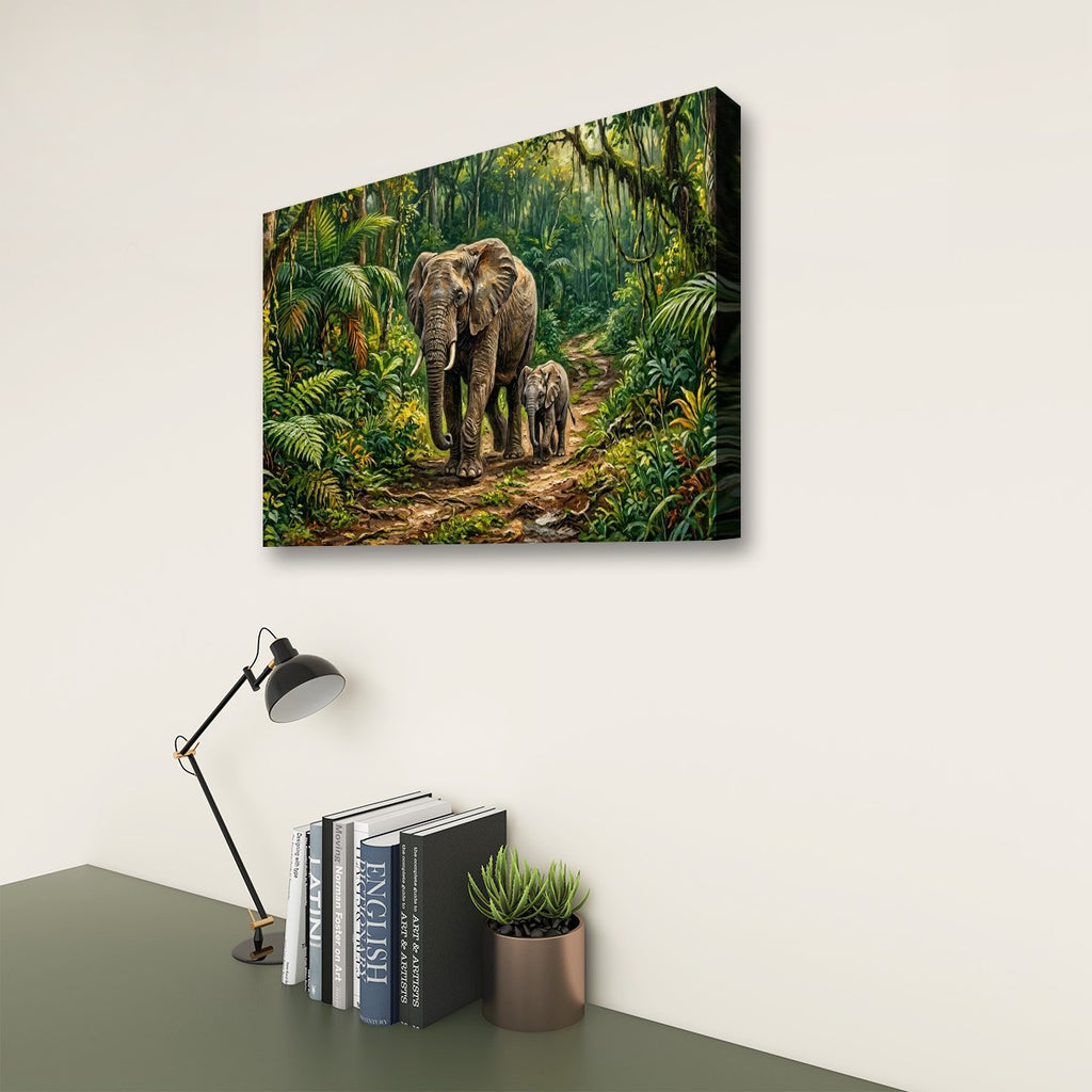 Elephant & Calf Jungle Canvas Wall Art | 1, 3 & 5-Panel Multi-Panel Print | Wildlife Nature Wall Décor | Gallery-Wrapped