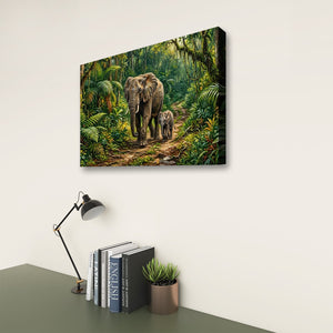 Elephant & Calf Jungle Canvas Wall Art | 1, 3 & 5-Panel Multi-Panel Print | Wildlife Nature Wall Décor | Gallery-Wrapped