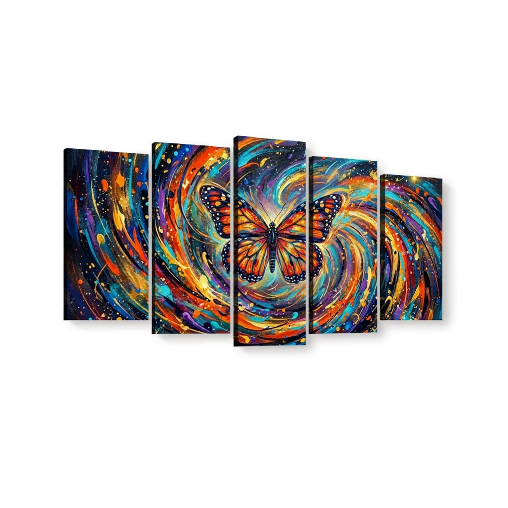 A five-panel canvas wall art set depicting a colorful swirling cosmic scene with a Monarch butterfly centered across the panels.