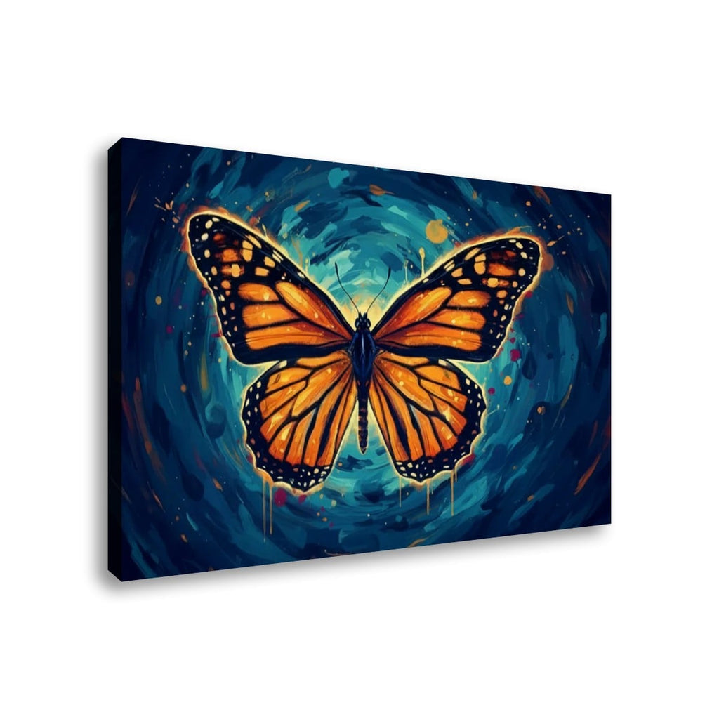 A rectangular canvas wall art print showing a large orange and black butterfly centered over a swirling dark blue background, photographed against a plain white wall.