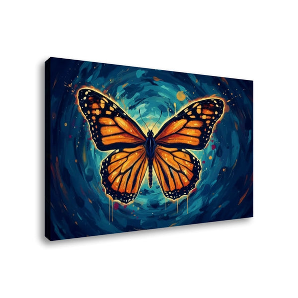 A rectangular canvas wall art print showing a large orange and black butterfly centered over a swirling dark blue background, photographed against a plain white wall.