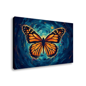 A rectangular canvas wall art print showing a large orange and black butterfly centered over a swirling dark blue background, photographed against a plain white wall.