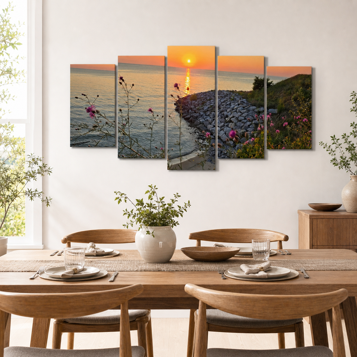 Lake Michigan Sunset Canvas Wall Art | 1, 3 & 5 Panel Coastal Landscape Print