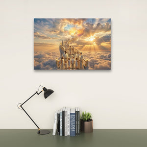 A rectangular wall art print showing a group of people walking up a staircase toward a glowing sky, displayed above a desk with a black lamp, books, and a small potted succulent against a light wall.