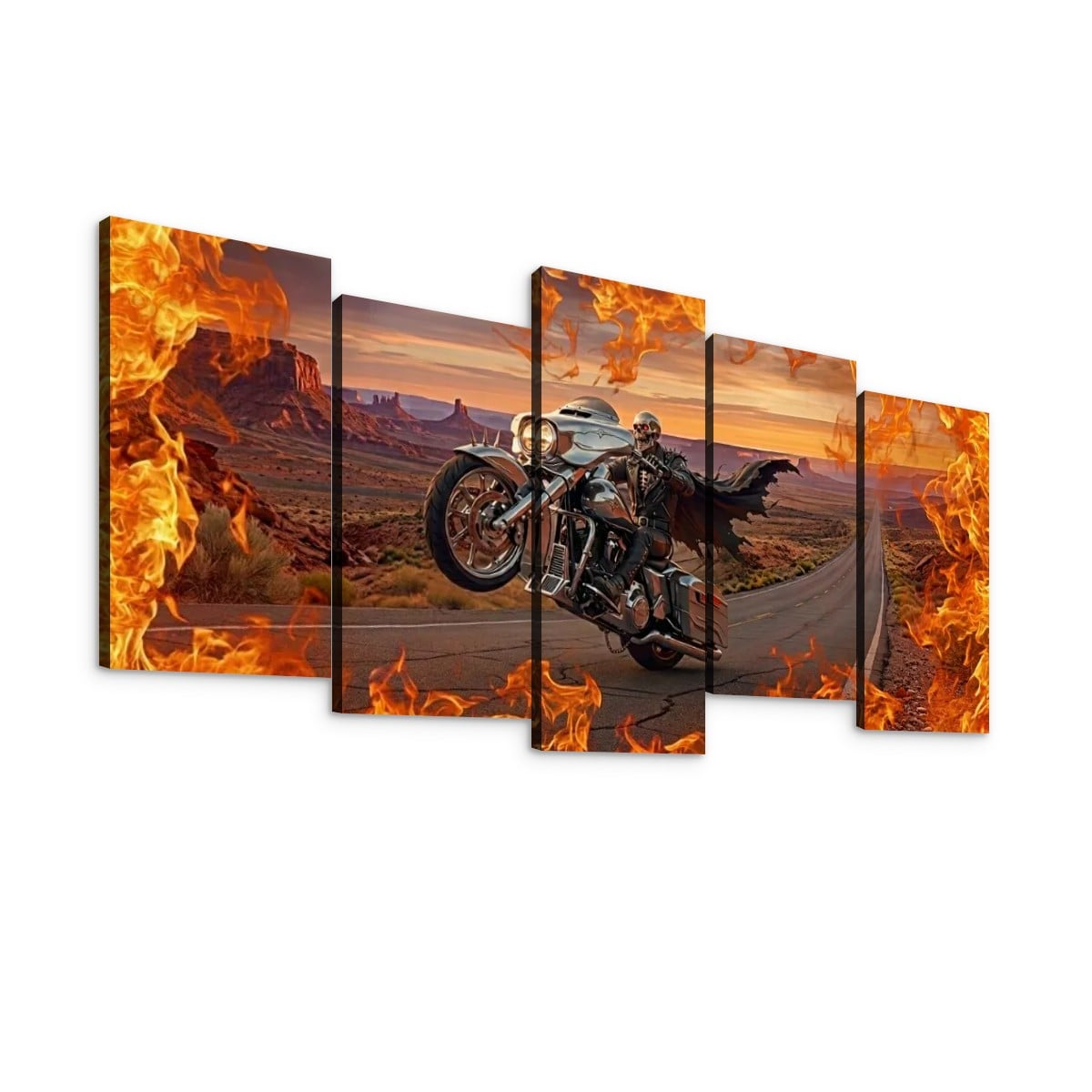 Skeleton Fire Bagger Chrome Motorcycle Tank, Saddlebags w/ Fire Split Canvas Panel Wall Art