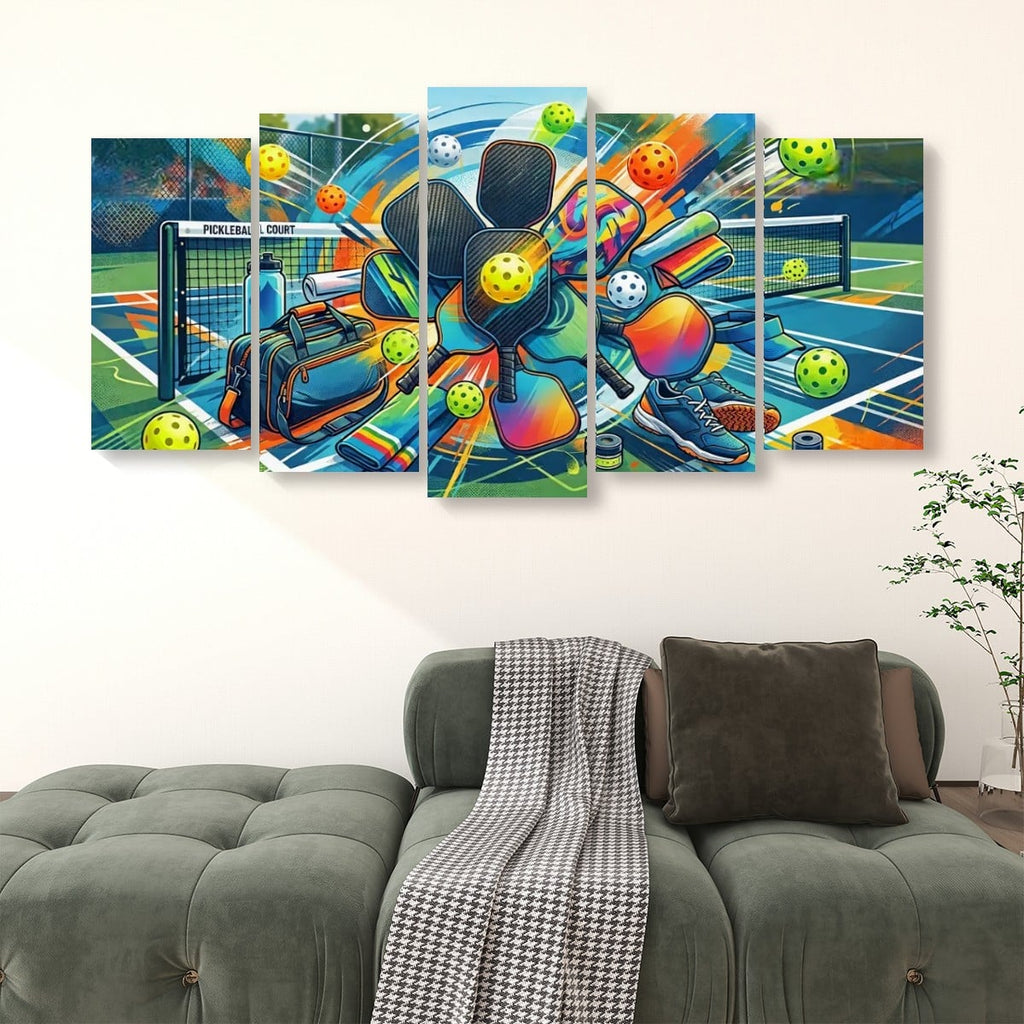 A 5-panel canvas wall art set depicting a colorful, dynamic illustration of a pickleball player in a black uniform throwing a yellow pickleball court, shown hanging on a white wall above a green sofa.