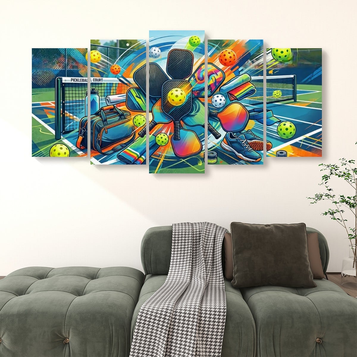 A 5-panel canvas wall art set depicting a colorful, dynamic illustration of a pickleball player in a black uniform throwing a yellow pickleball court, shown hanging on a white wall above a green sofa.