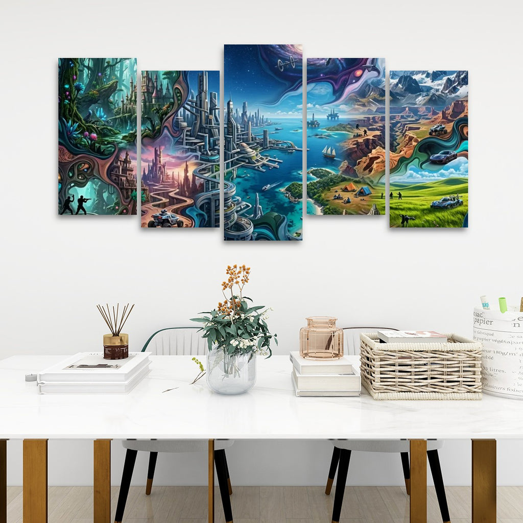 A five-panel canvas wall art set depicting a fantastical sci-fi landscape with futuristic cities, glowing rivers, and colorful sky, displayed on a white wall above a styled dining table.