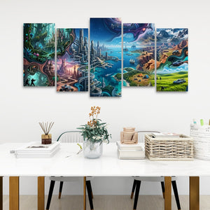 A five-panel canvas wall art set depicting a fantastical sci-fi landscape with futuristic cities, glowing rivers, and colorful sky, displayed on a white wall above a styled dining table.