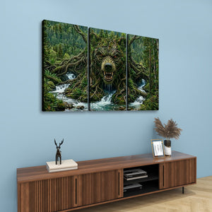 A three-panel canvas wall art set depicting a forest stream with a wolf-headed tree form, displayed above a wooden console table against a light blue wall.