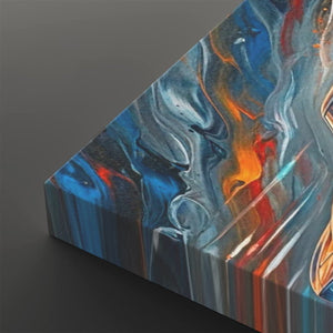 Abstract canvas wall art showing a close-up of a triangular canvas corner with swirling blue, white, gray, orange, and red paint details on a dark gray background.