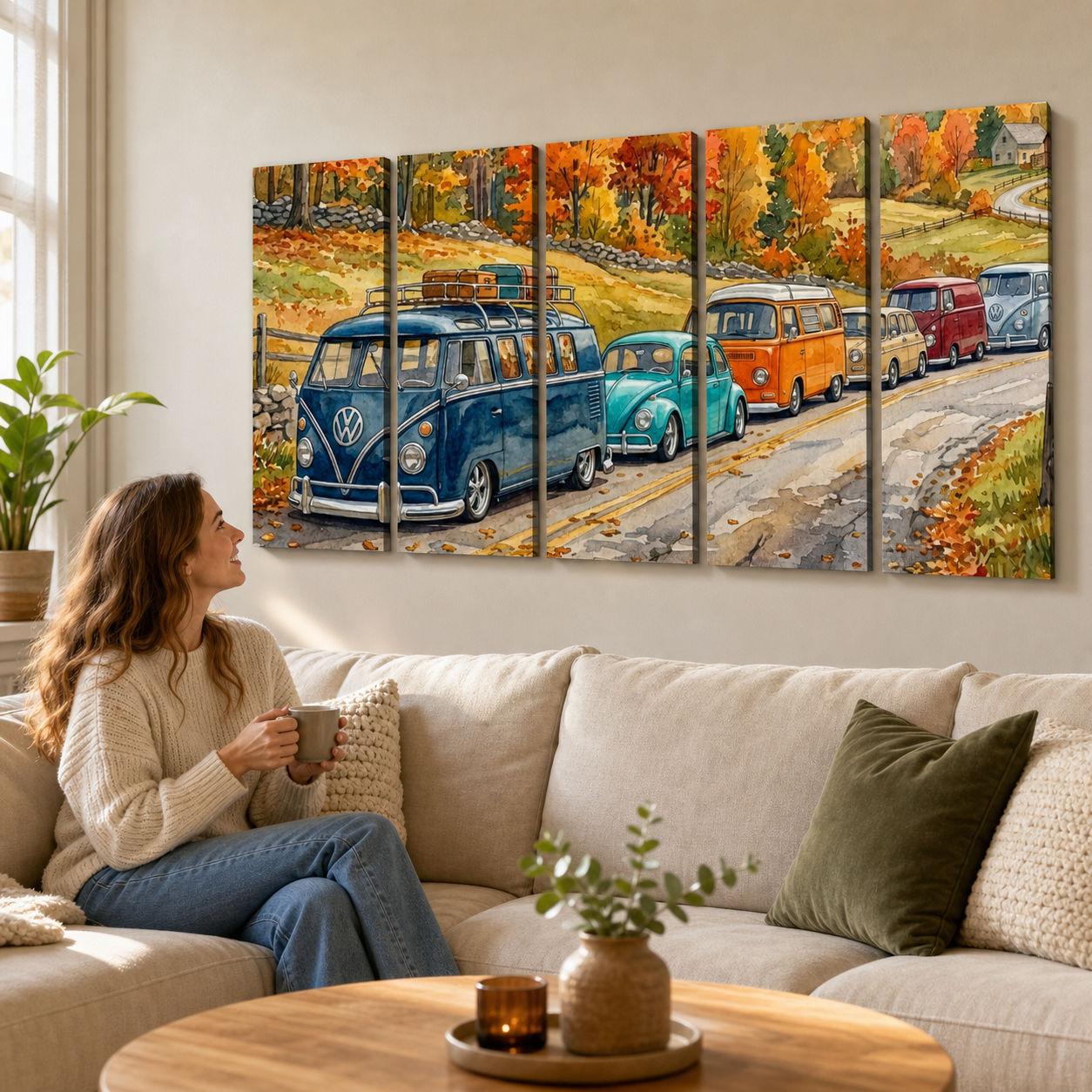 VW Beetle & Bus Watercolor Canvas Wall Art – Classic Volkswagen Parade | 5-Panel Level Print