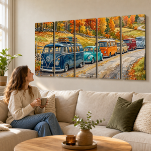 VW Beetle & Bus Watercolor Canvas Wall Art – Classic Volkswagen Parade | 5-Panel Level Print
