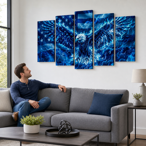 Blue Eagle – Abstract US Waving Flag 5-Panel Canvas Wall Art