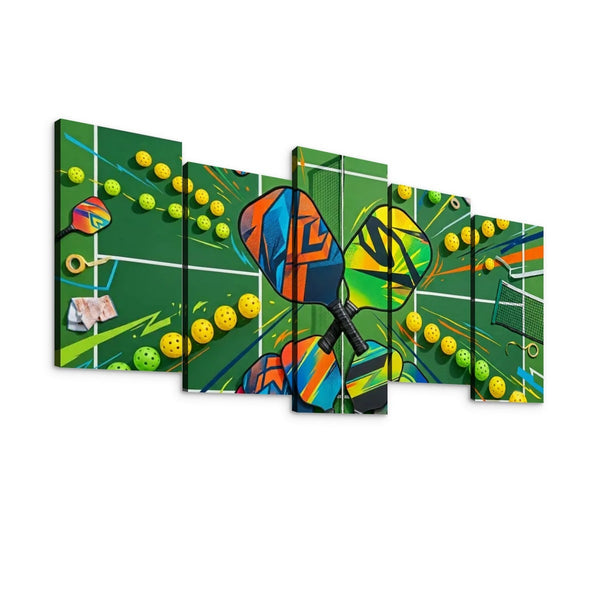 A 5-panel canvas wall art set depicting a colorful, stylized pickleball court scene with paddle, balls, and net lines on a white background.